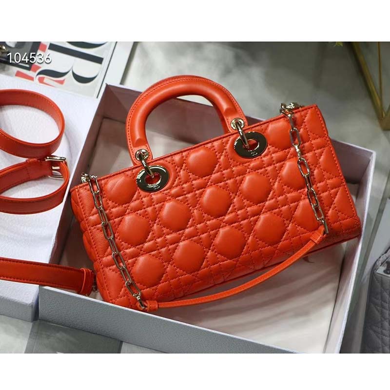 Dior Women Lady D-Joy Bag Bright Orange Cannage Lambskin
