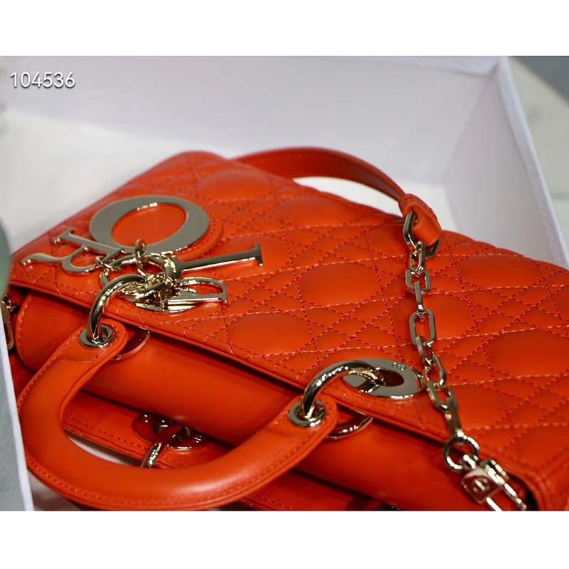 Dior Women Lady D-Joy Bag Bright Orange Cannage Lambskin