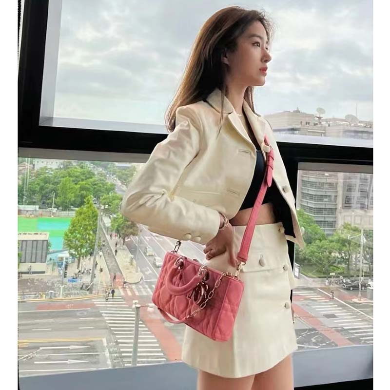 Dior Women Lady D-Joy Bag Bright Pink Cannage Denim