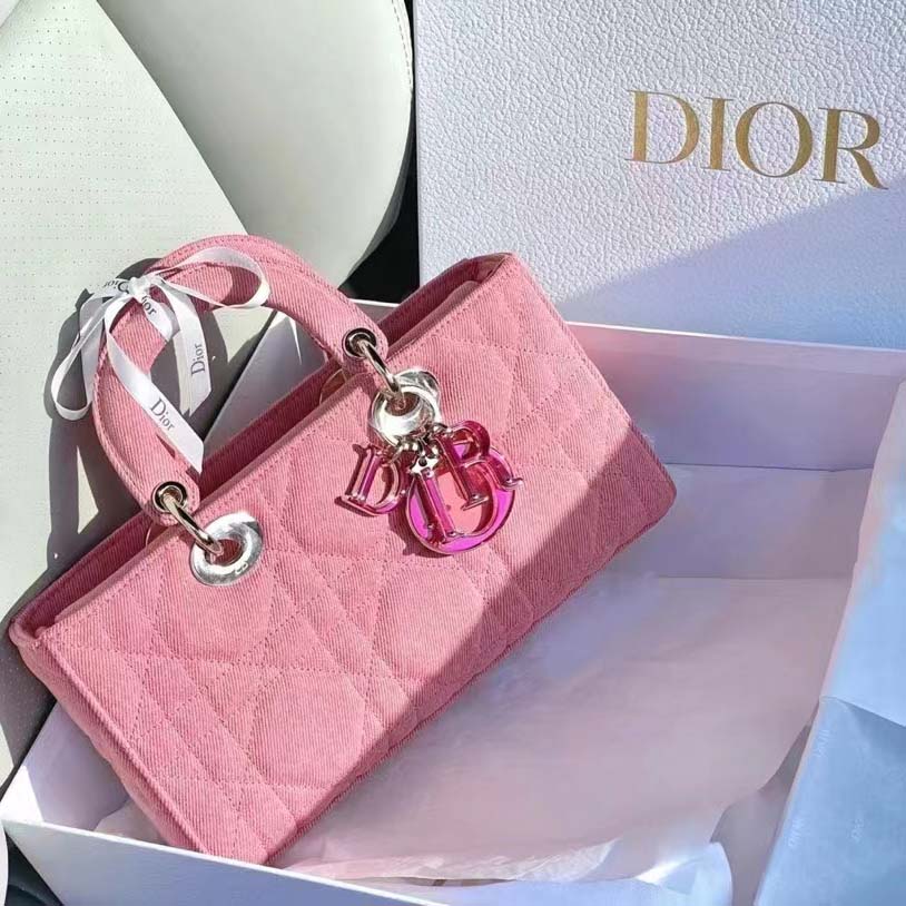 Dior Women Lady D-Joy Bag Bright Pink Cannage Denim