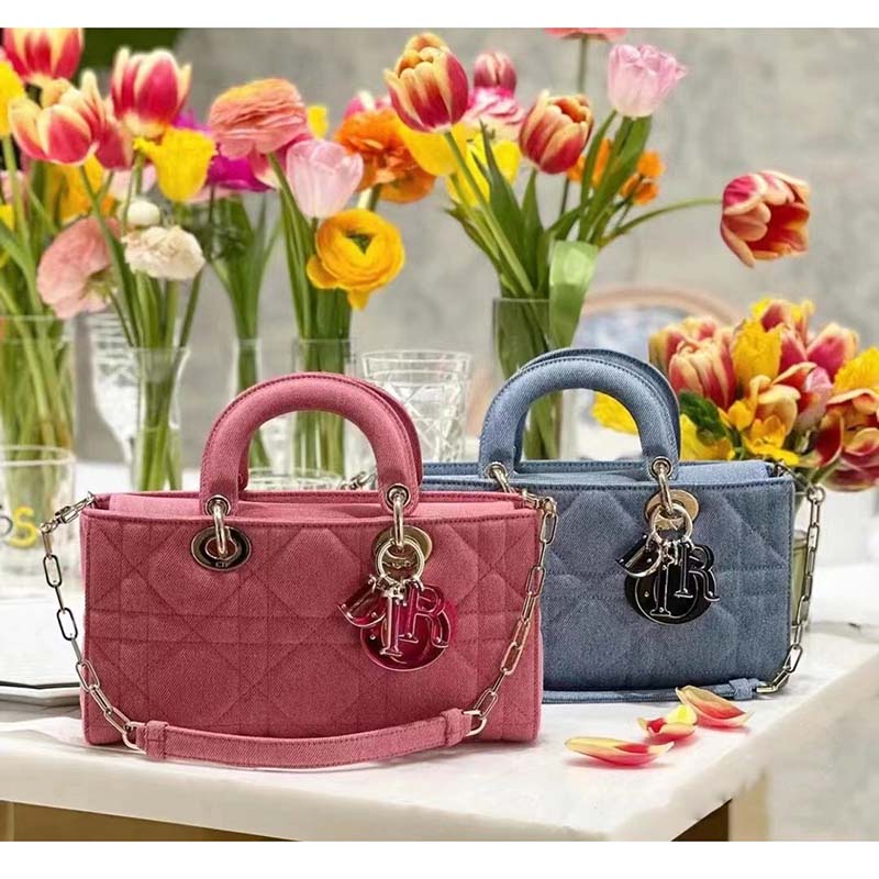 Dior Women Lady D-Joy Bag Bright Pink Cannage Denim
