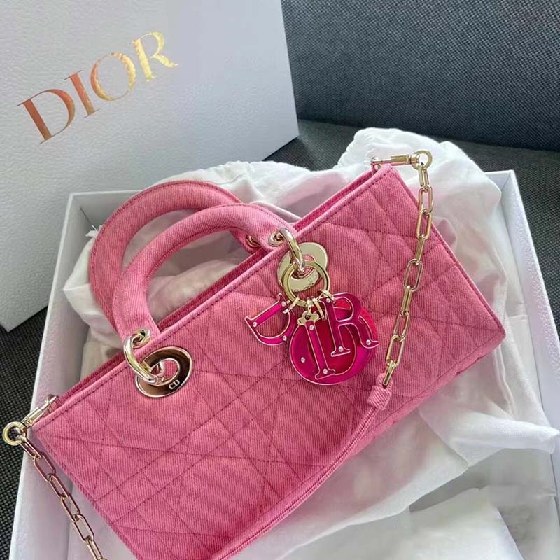 Dior Women Lady D-Joy Bag Bright Pink Cannage Denim