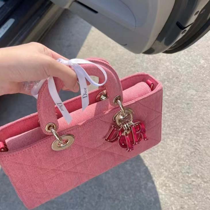 Dior Women Lady D-Joy Bag Bright Pink Cannage Denim