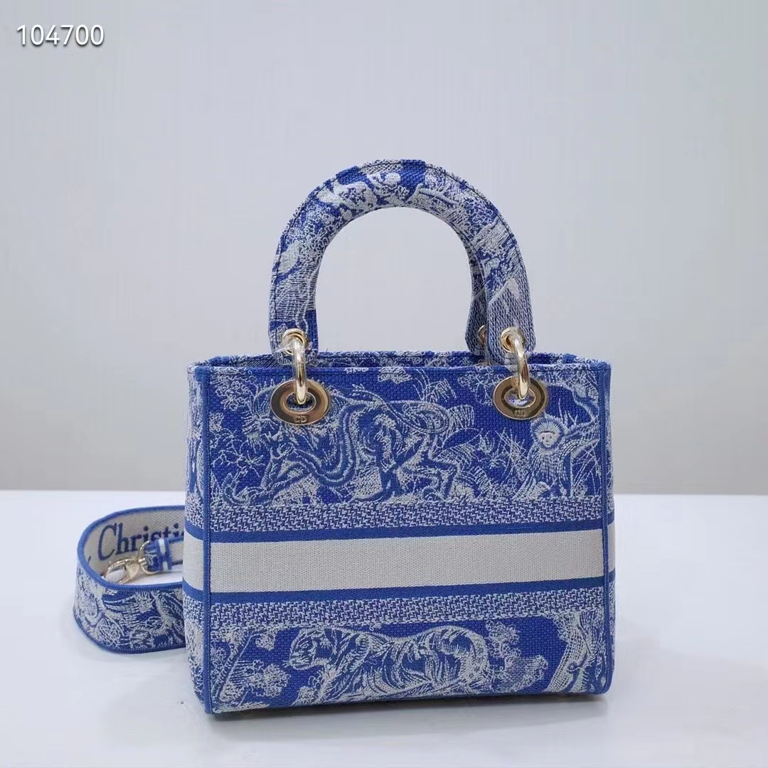 Dior Women Medium Lady D-Lite Bag Fluorescent Blue Toile De Jouy Reverse Embroidery
