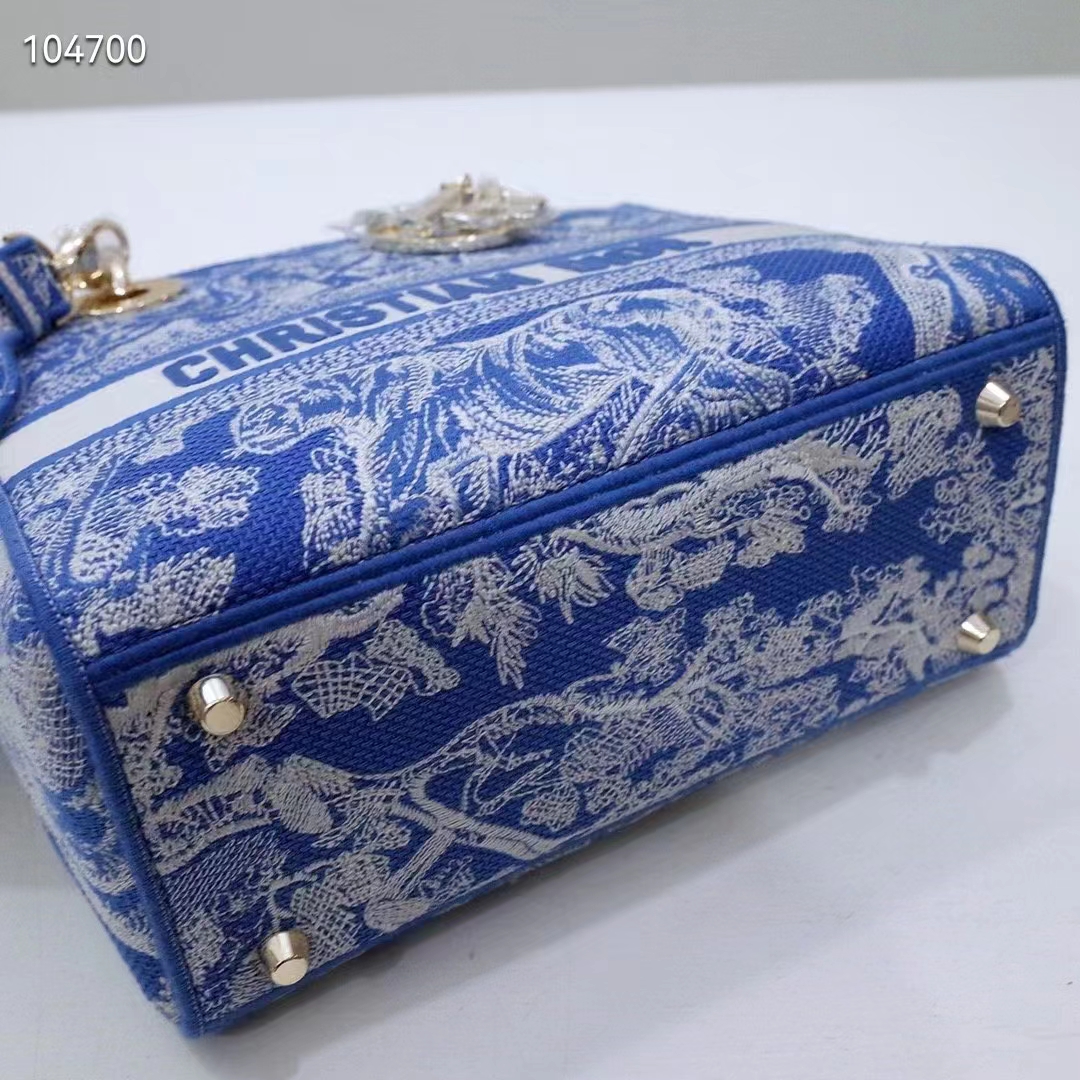 Dior Women Medium Lady D-Lite Bag Fluorescent Blue Toile De Jouy Reverse Embroidery