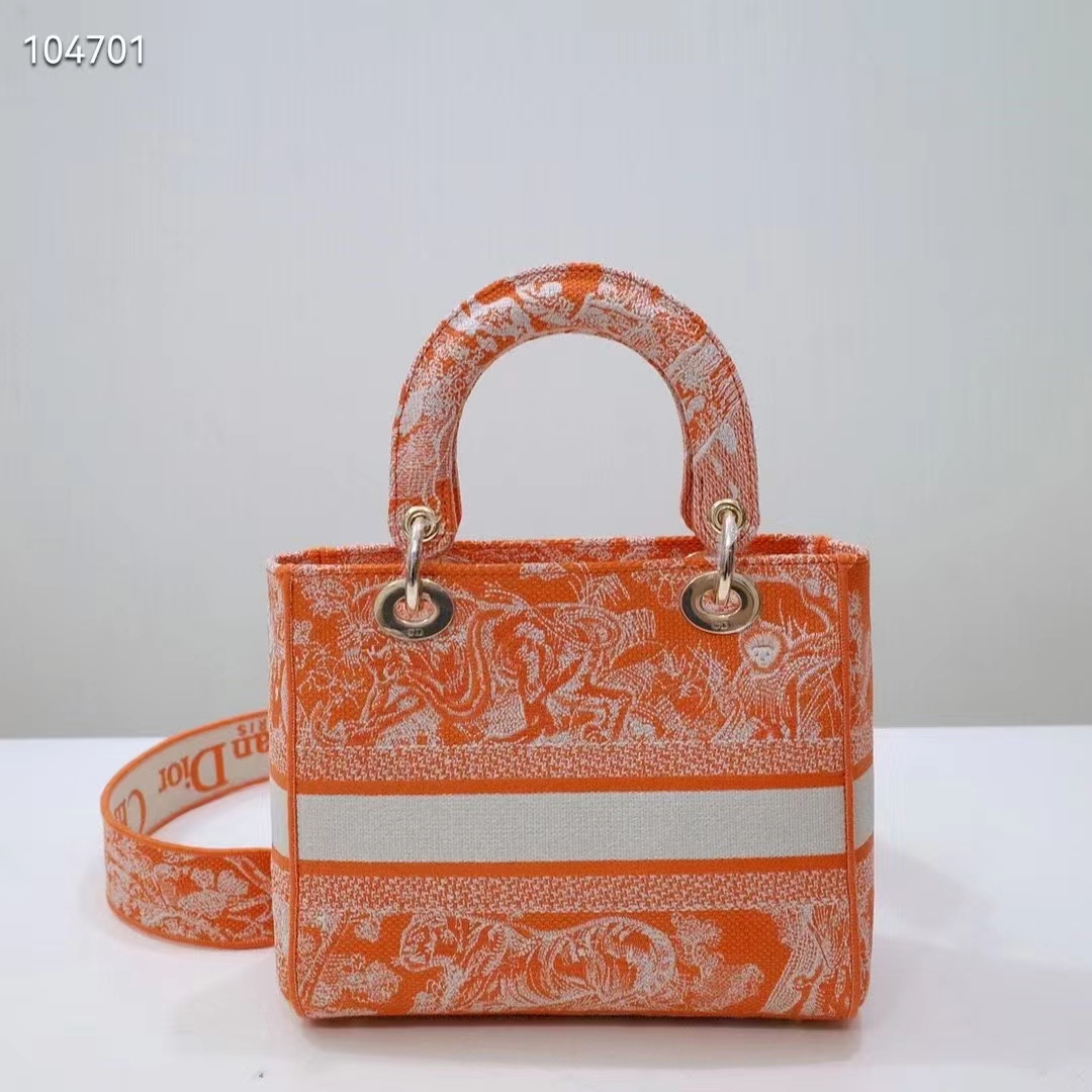 Dior Women Medium Lady D-Lite Bag Fluorescent Orange Toile De Jouy Reverse Embroidery