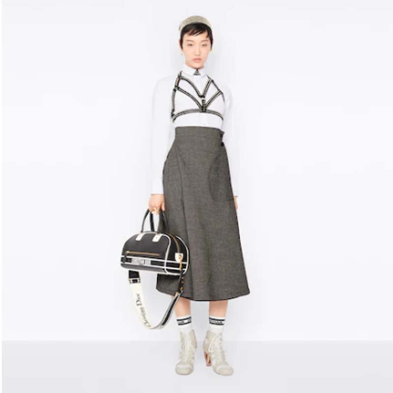 Dior Women Medium Vibe Zip Bowling Bag Black White Padded Macrocannage Calfskin