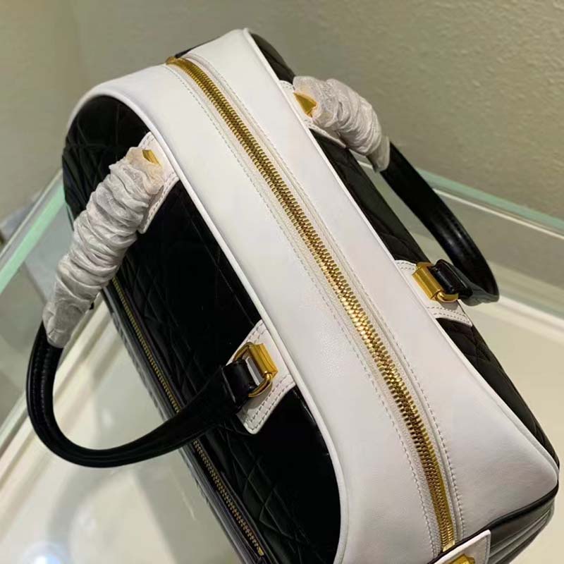 Dior Women Medium Vibe Zip Bowling Bag Black White Padded Macrocannage Calfskin