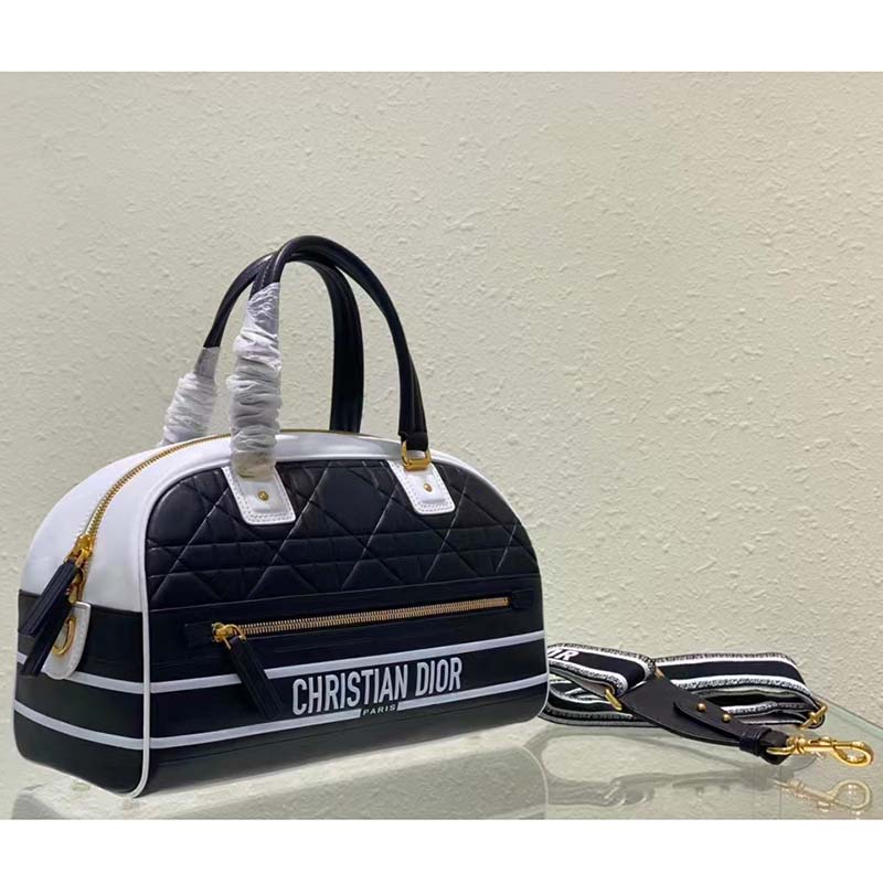 Dior Women Medium Vibe Zip Bowling Bag Black White Padded Macrocannage Calfskin