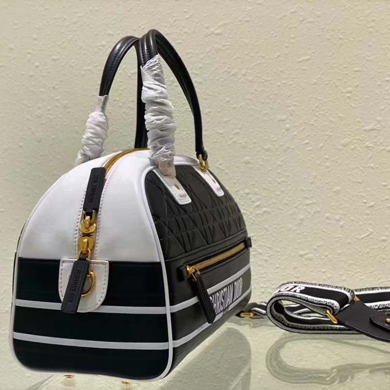 Dior Women Medium Vibe Zip Bowling Bag Black White Padded Macrocannage Calfskin