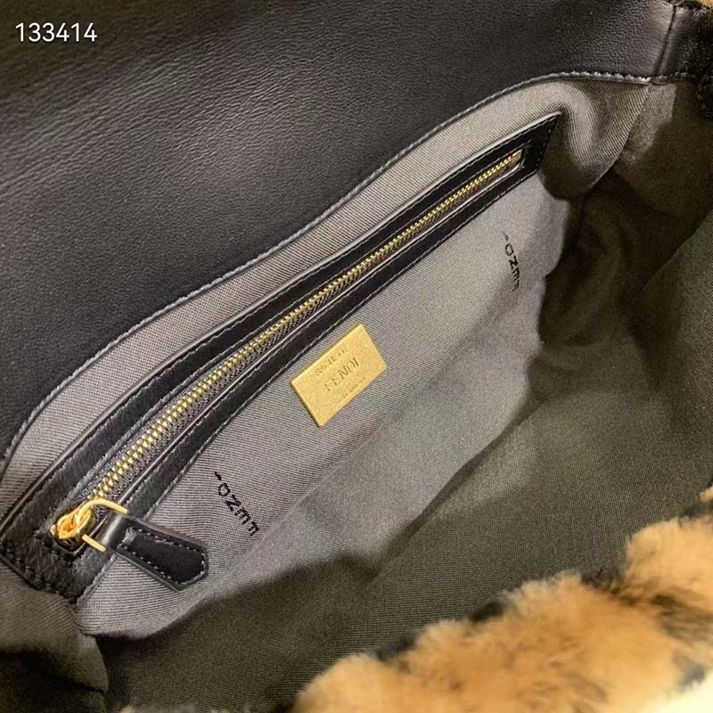 Fendi Women FF Baguette Brown Sheepskin Sheep Fur Calfskin Bag