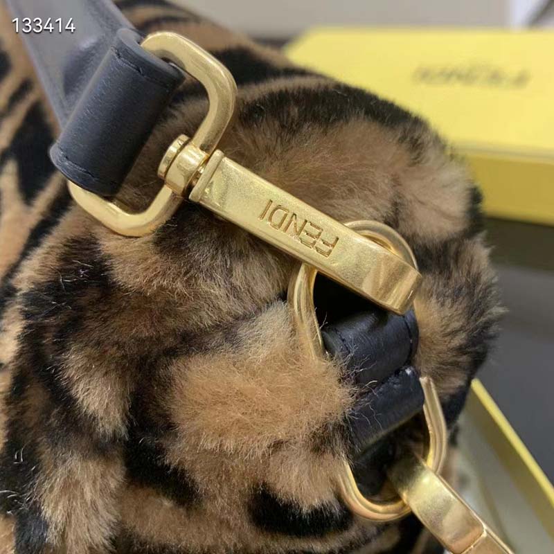 Fendi Women FF Baguette Brown Sheepskin Sheep Fur Calfskin Bag