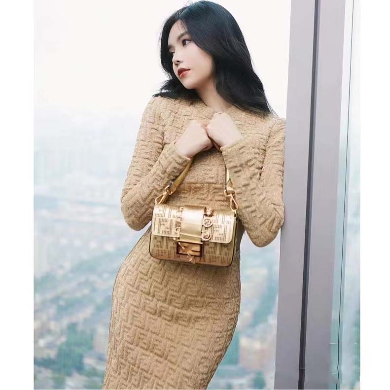 Fendi Women FF Brooch Mini Baguette Fendace Bag Gold Perforated Leather