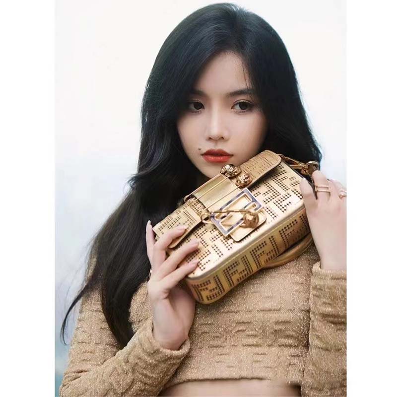 Fendi Women FF Brooch Mini Baguette Fendace Bag Gold Perforated Leather