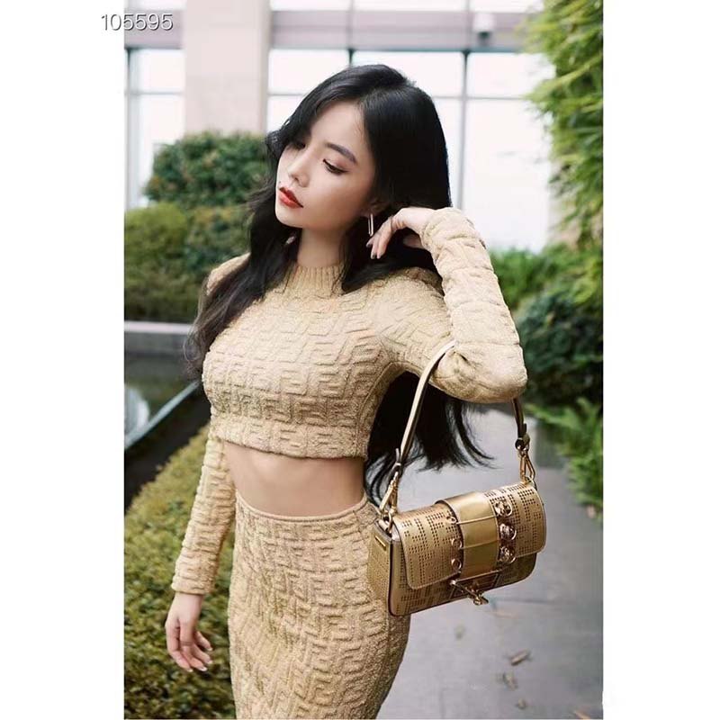 Fendi Women FF Brooch Mini Baguette Fendace Bag Gold Perforated Leather