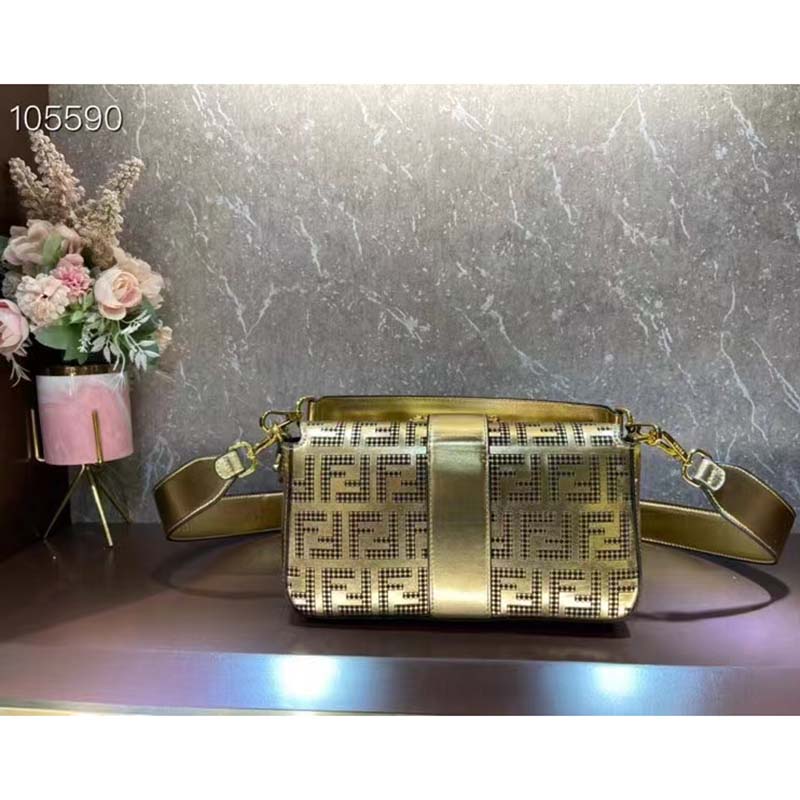 Fendi Women FF Brooch Mini Baguette Fendace Bag Gold Perforated Leather