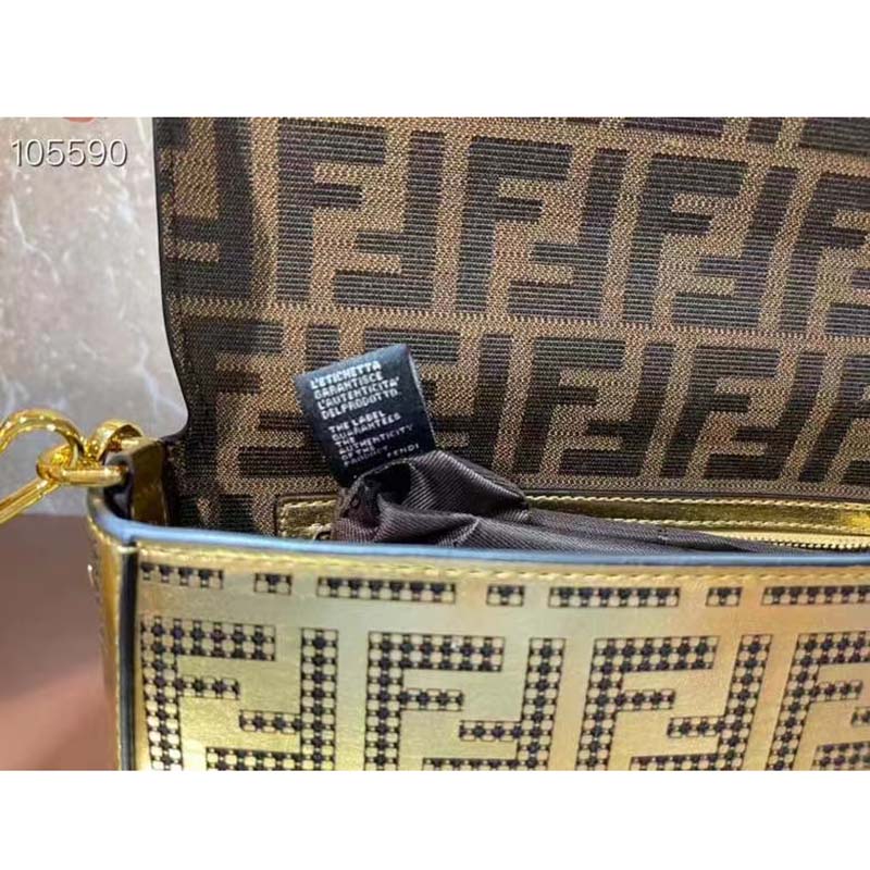 Fendi Women FF Brooch Mini Baguette Fendace Bag Gold Perforated Leather