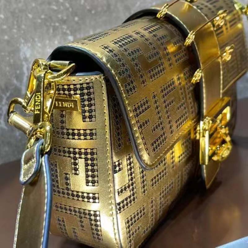 Fendi Women FF Brooch Mini Baguette Fendace Bag Gold Perforated Leather