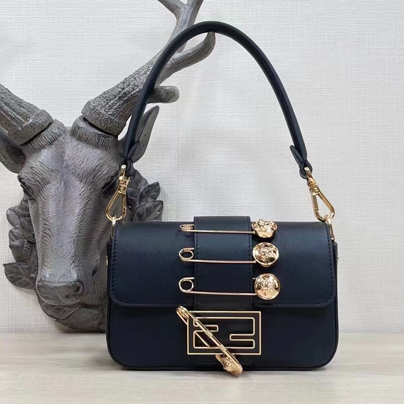 Fendi Women FF Brooch Mini Baguette Fendace Black Leather Bag