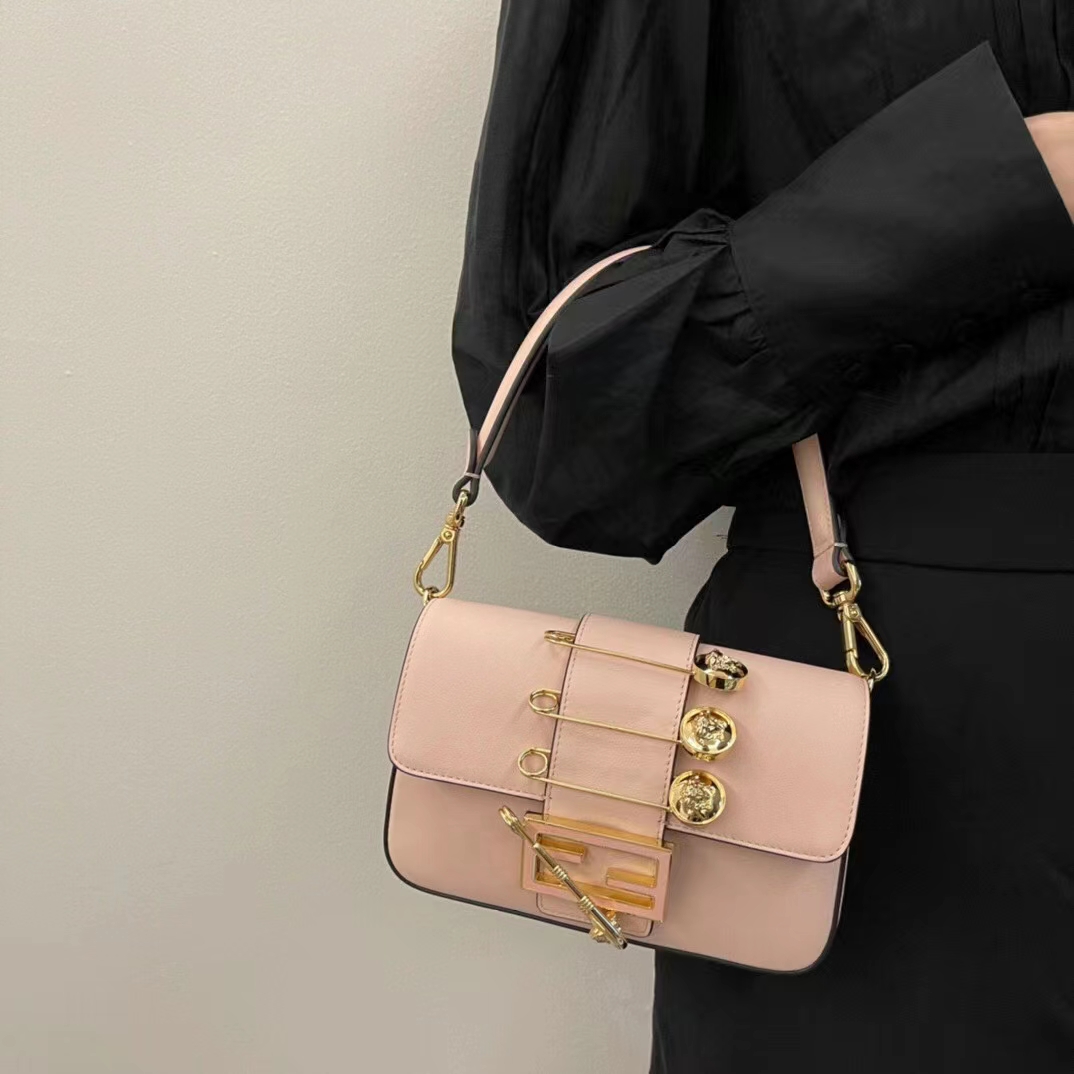 Fendi Women FF Brooch Mini Baguette Fendace Pink Leather Bag