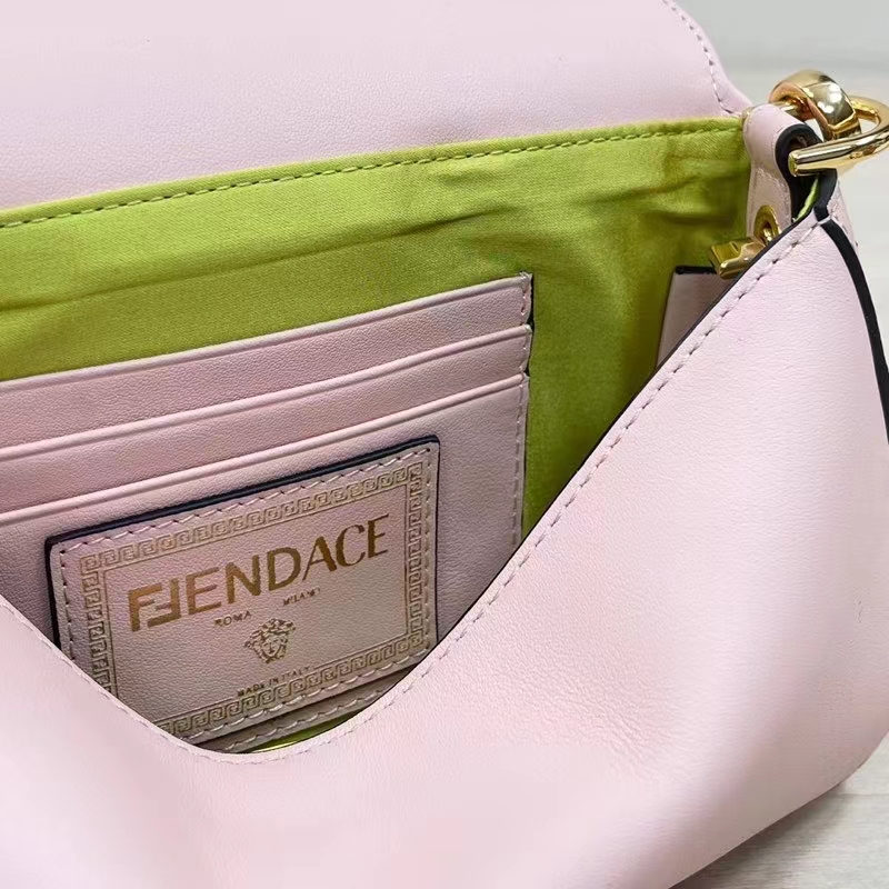 Fendi Women FF Brooch Mini Baguette Fendace Pink Leather Bag
