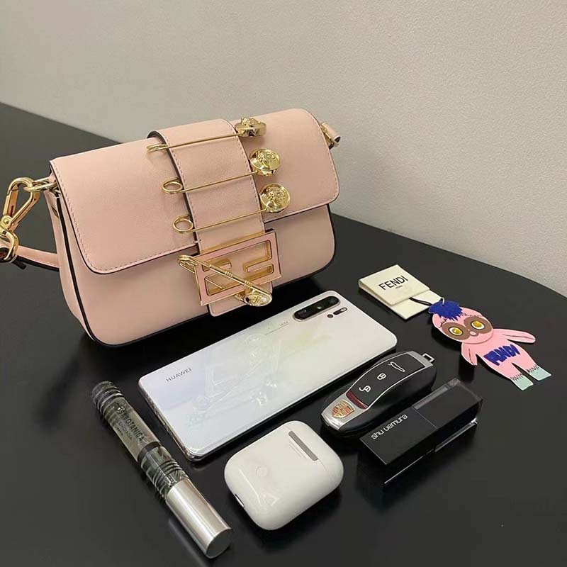 Fendi Women FF Brooch Mini Baguette Fendace Pink Leather Bag