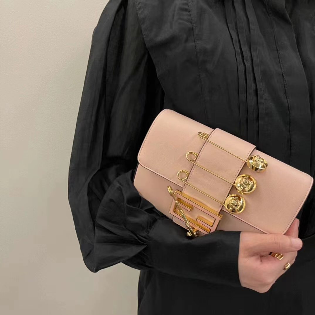 Fendi Women FF Brooch Mini Baguette Fendace Pink Leather Bag