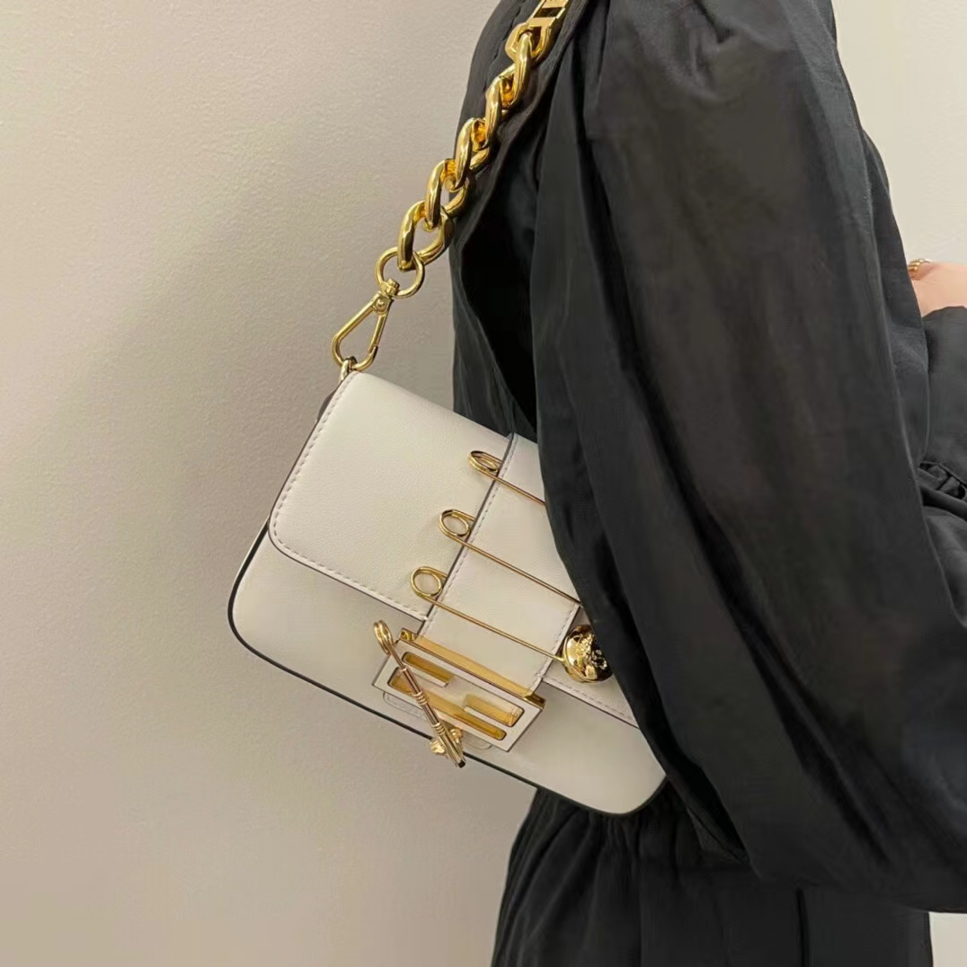 Fendi Women FF Brooch Mini Baguette Fendace White Leather Bag