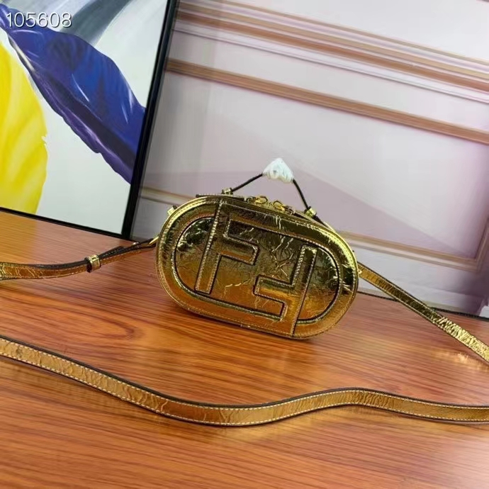 Fendi Women FF O’Lock Mini Camera Case Gold Laminated Leather Mini Bag