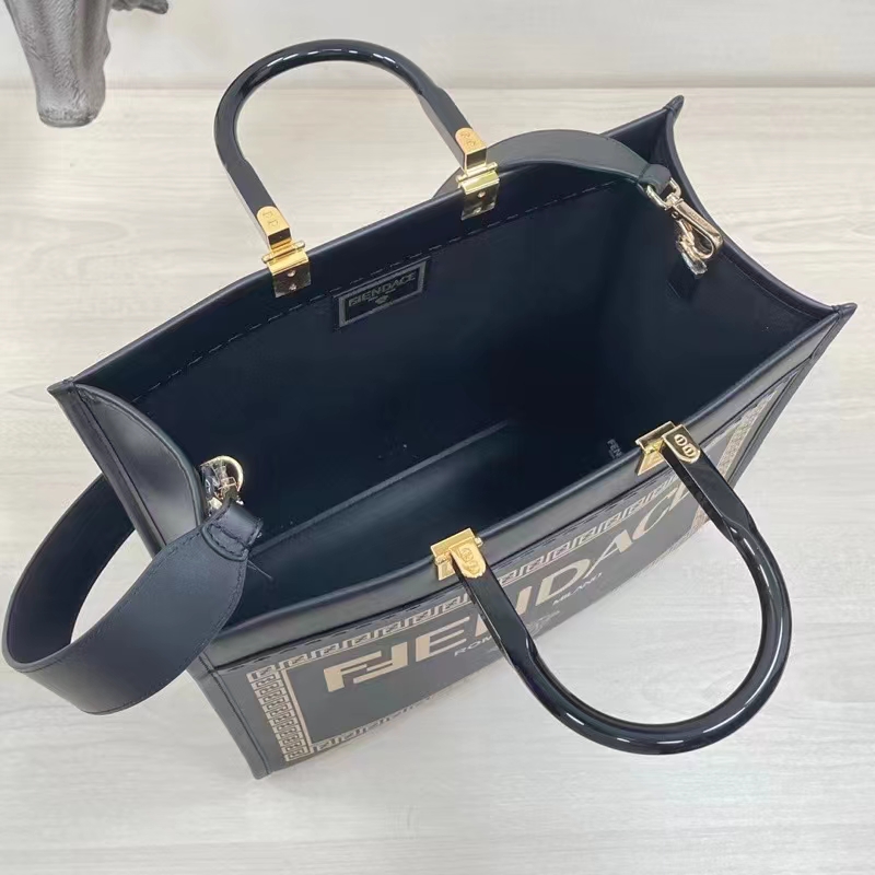 Fendi Women FF Sunshine Medium Fendace Printed Black Leather Logo Shopper