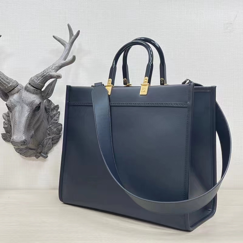 Fendi Women FF Sunshine Medium Fendace Printed Black Leather Logo Shopper