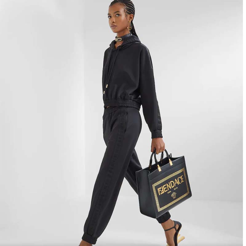 Fendi Women FF Sunshine Medium Fendace Printed Black Leather Logo Shopper