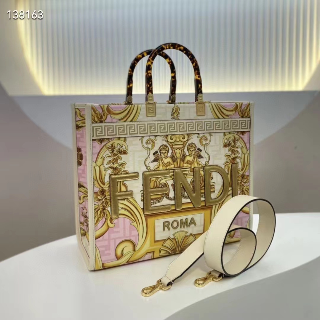Fendi Women Fendi Sunshine Medium Fendace Printed FF White Leather Shopper
