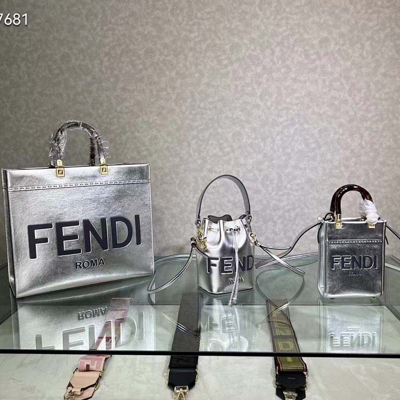 Fendi Women Fendi Sunshine Medium Silver Laminated Leather Shopper