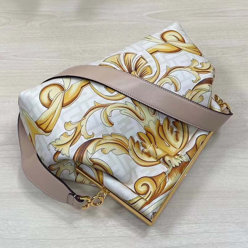 Fendi Women First Medium Fendace White Yellow Printed Silk Bag