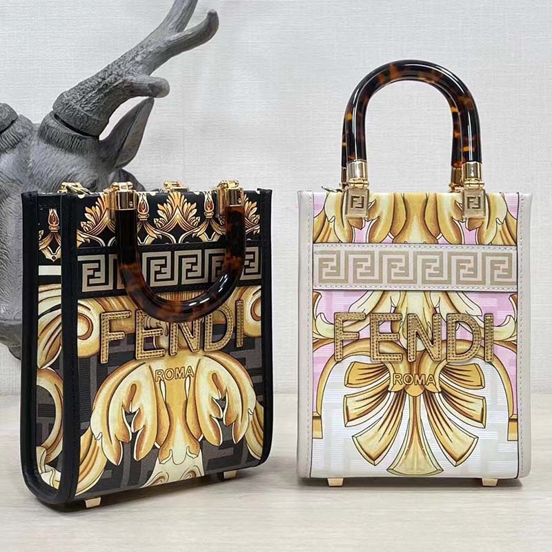 Fendi Women Mini Sunshine Shopper Fendace Printed White FF Leather Mini Bag
