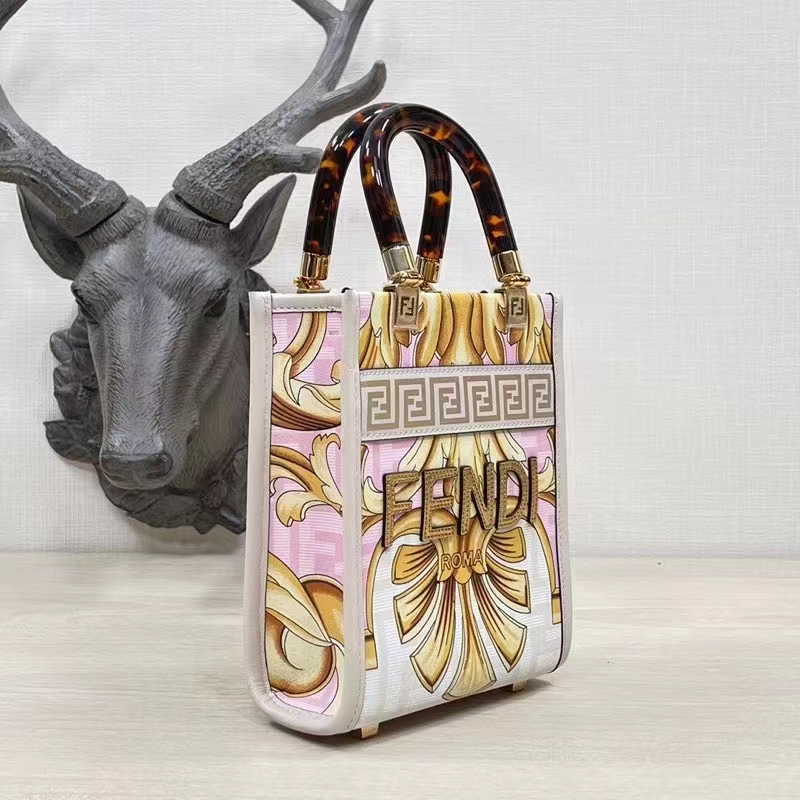 Fendi Women Mini Sunshine Shopper Fendace Printed White FF Leather Mini Bag
