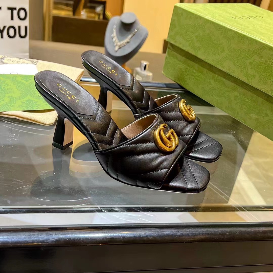 Gucci Women GG Double G Slide Sandal Black Chevron Matelassé Leather 7.6 cm Heel