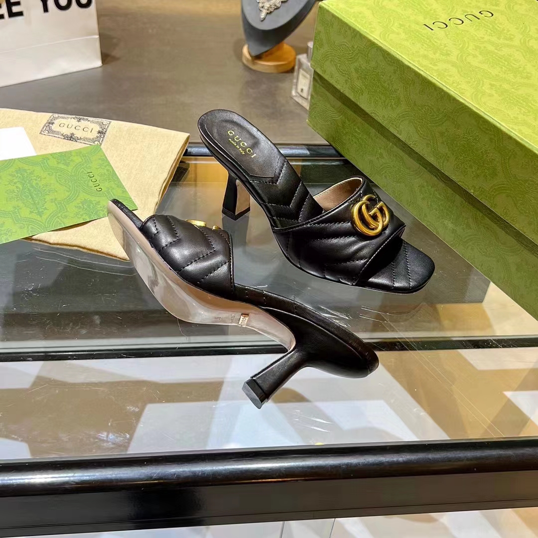 Gucci Women GG Double G Slide Sandal Black Chevron Matelassé Leather 7.6 cm Heel