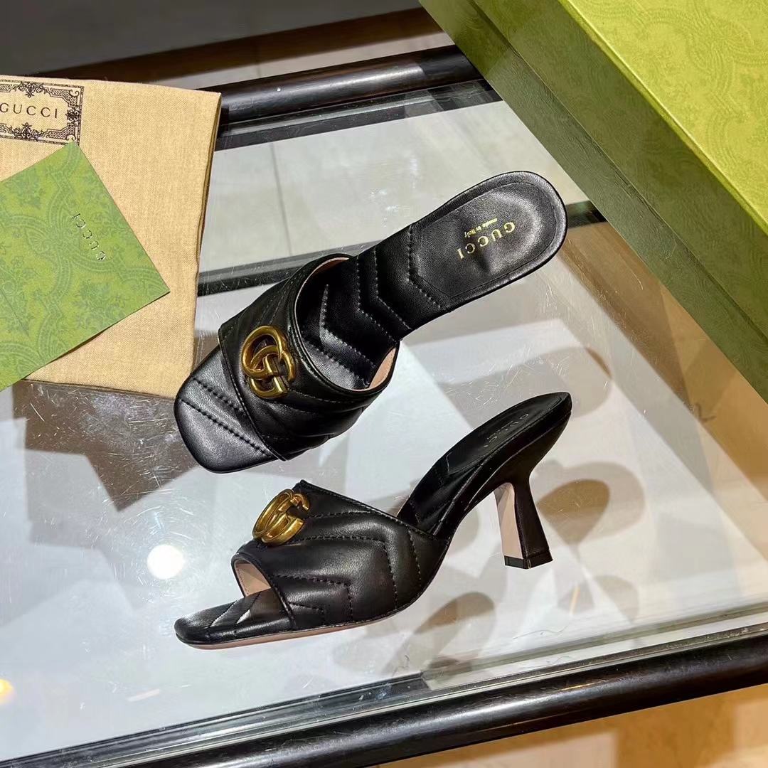 Gucci Women GG Double G Slide Sandal Black Chevron Matelassé Leather 7.6 cm Heel