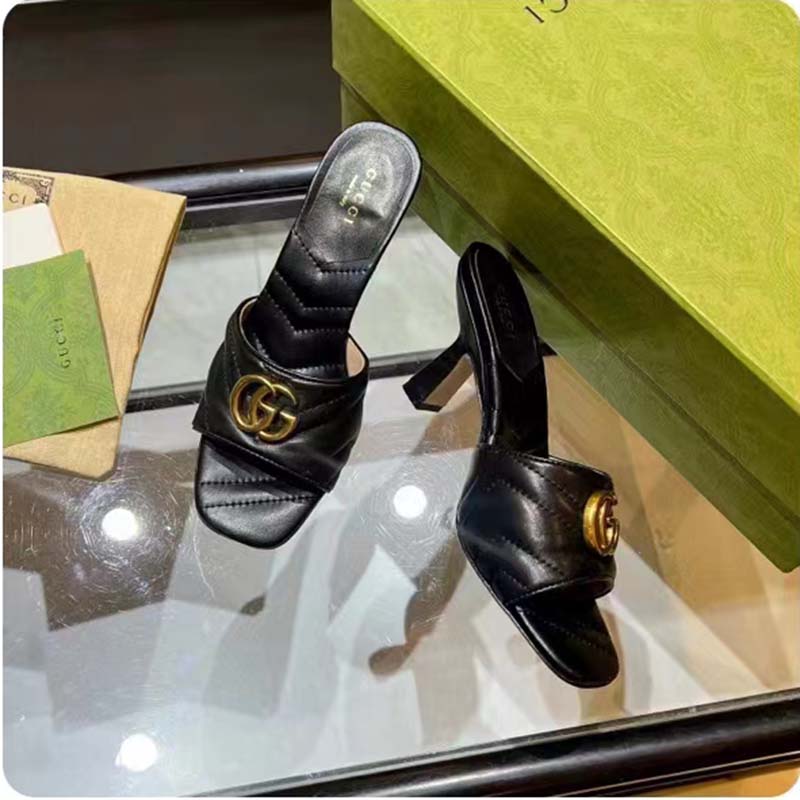 Gucci Women GG Double G Slide Sandal Black Chevron Matelassé Leather 7.6 cm Heel