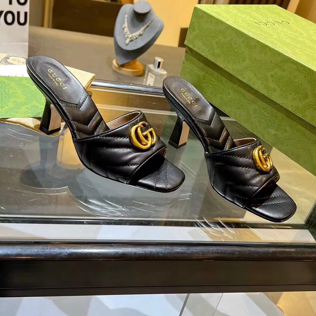 Gucci Women GG Double G Slide Sandal Black Chevron Matelassé Leather 7.6 cm Heel