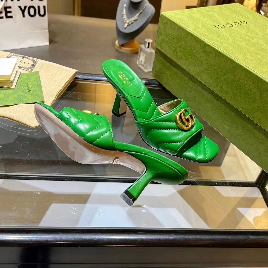 Gucci Women GG Double G Slide Sandal Emerald Green Chevron Matelassé Leather 7.6 cm Heel