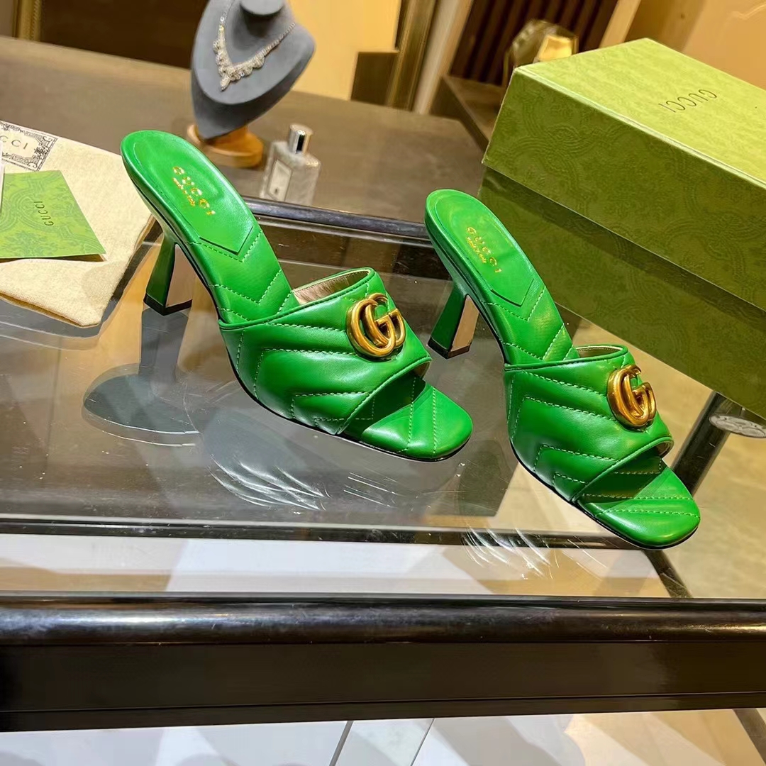 Gucci Women GG Double G Slide Sandal Emerald Green Chevron Matelassé Leather 7.6 cm Heel