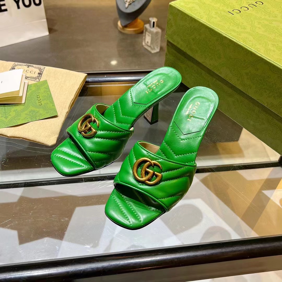 Gucci Women GG Double G Slide Sandal Emerald Green Chevron Matelassé Leather 7.6 cm Heel
