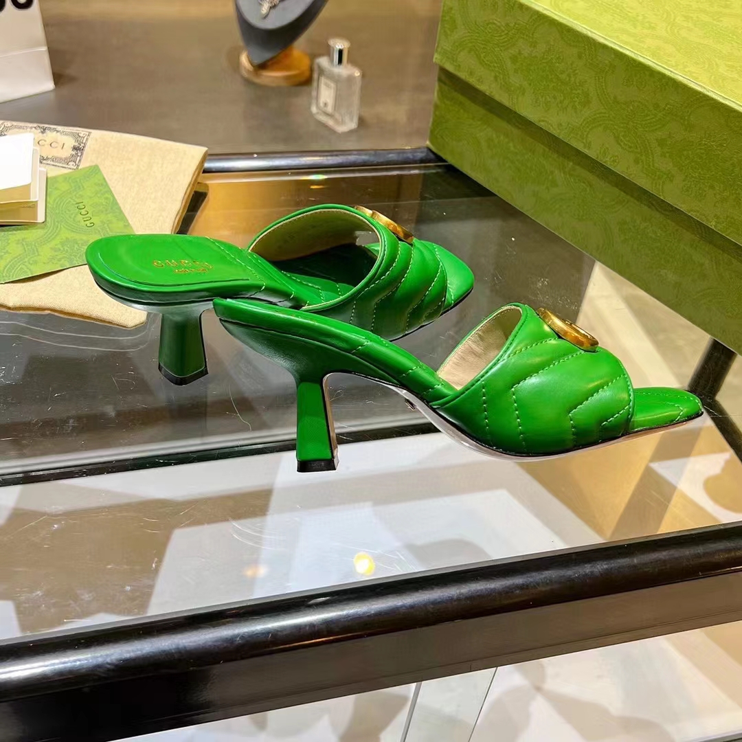 Gucci Women GG Double G Slide Sandal Emerald Green Chevron Matelassé Leather 7.6 cm Heel