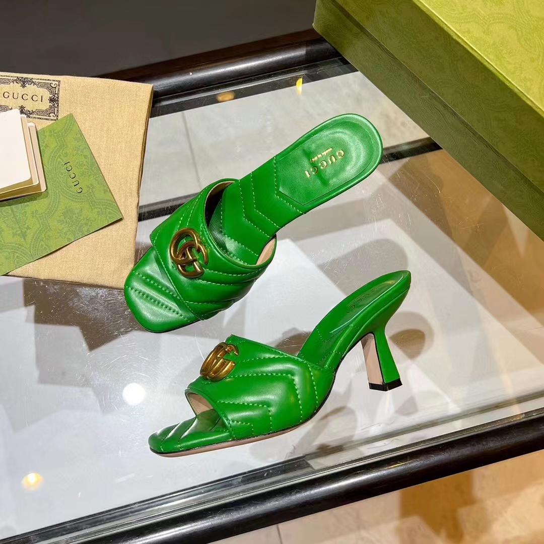 Gucci Women GG Double G Slide Sandal Emerald Green Chevron Matelassé Leather 7.6 cm Heel