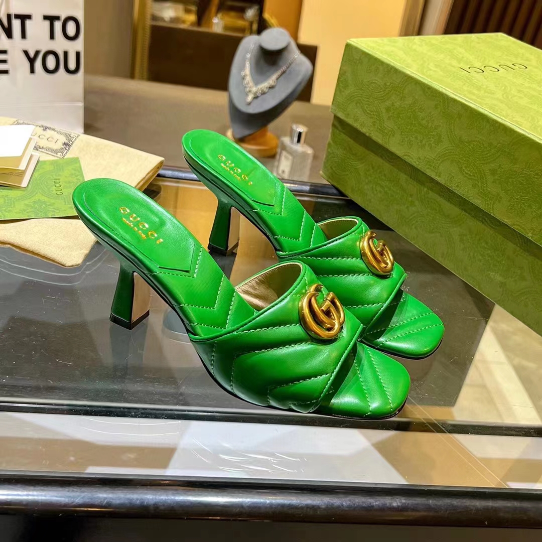 Gucci Women GG Double G Slide Sandal Emerald Green Chevron Matelassé Leather 7.6 cm Heel
