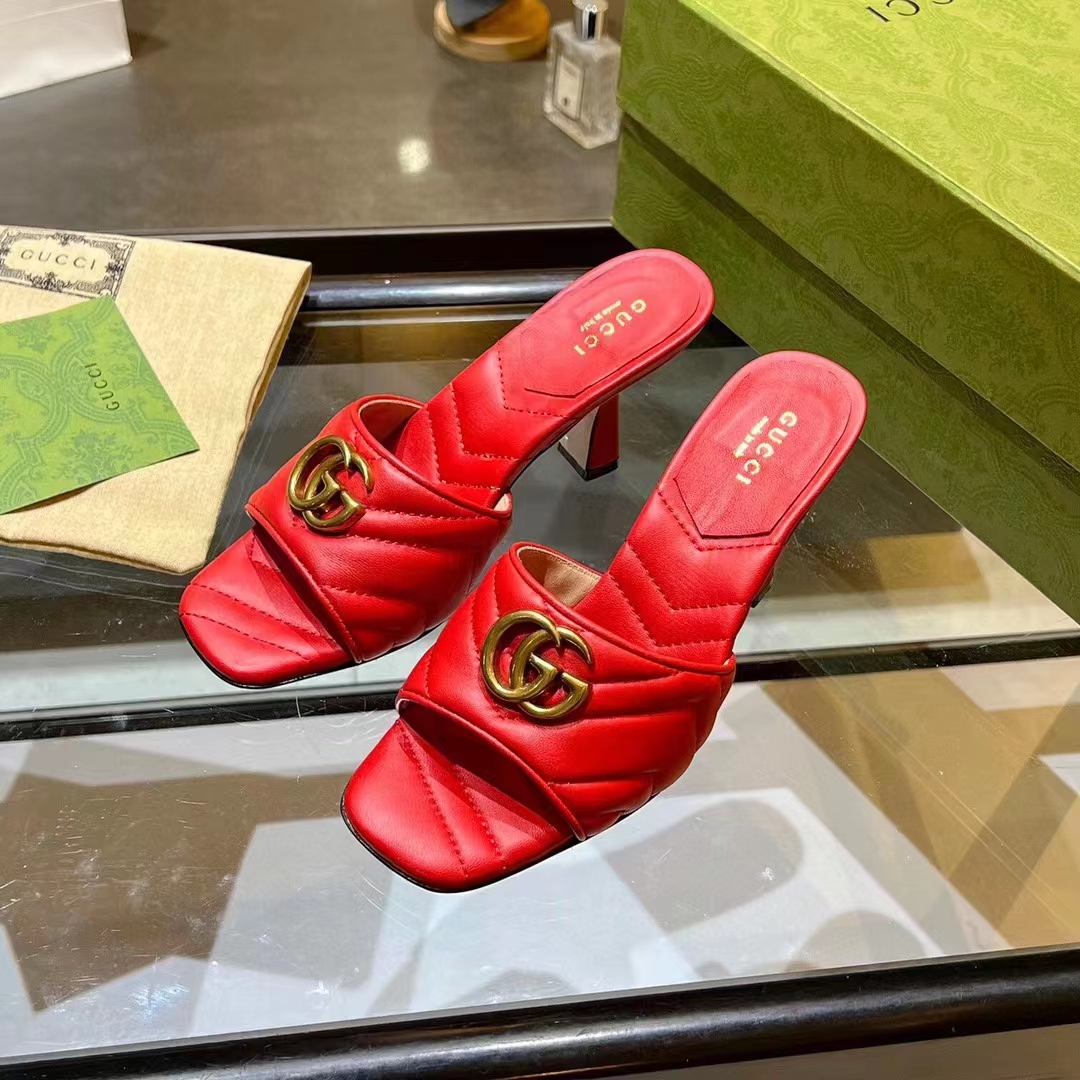 Gucci Women GG Double G Slide Sandal Red Chevron Matelassé Leather 7.6 cm Heel