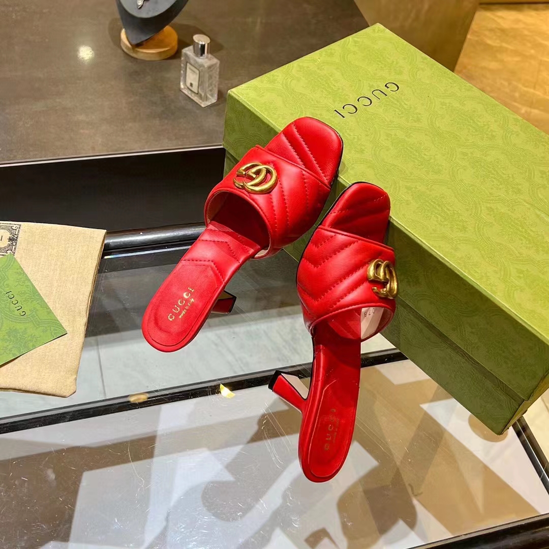 Gucci Women GG Double G Slide Sandal Red Chevron Matelassé Leather 7.6 cm Heel